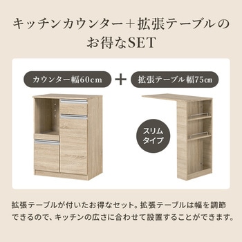 キッチンカウンター 拡張テーブルセット <スリム・扉収納タイプ 幅60cm> 萩原
