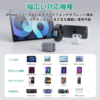 USB充電器 Comet Mix3 100W PD対応 折りたたみ式 [USB-A 1ポート/USB-C 2ポート] グレー AUKEY(オーキー)