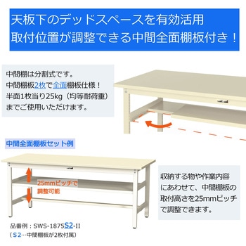 中量作業台/耐荷重500kg_中間全面棚板付き_固定式H900_メラミン天板_ワークテーブル500シリーズ 山金工業