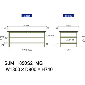 中量作業台/耐荷重500kg_中間全面棚板付き_固定式H740_メラミン天板_ワークテーブル500シリーズ 山金工業