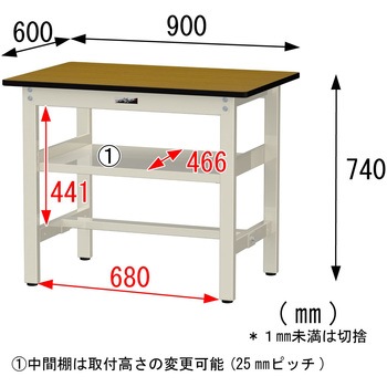 中量作業台/耐荷重500kg_中間全面棚板付き_固定式H740_メラミン天板_ワークテーブル500シリーズ 山金工業