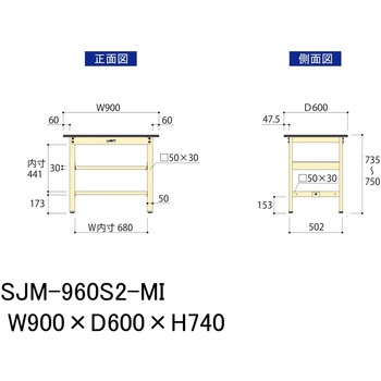 中量作業台/耐荷重500kg_中間全面棚板付き_固定式H740_メラミン天板_ワークテーブル500シリーズ 山金工業