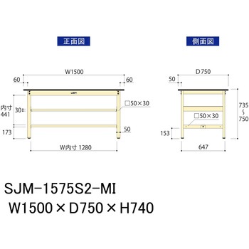 中量作業台/耐荷重500kg_中間全面棚板付き_固定式H740_メラミン天板_ワークテーブル500シリーズ 山金工業
