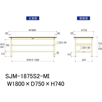 中量作業台/耐荷重500kg_中間全面棚板付き_固定式H740_メラミン天板_ワークテーブル500シリーズ 山金工業