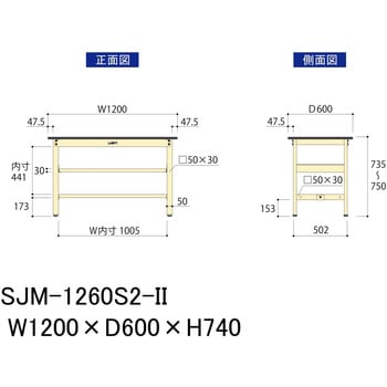 中量作業台/耐荷重500kg_中間全面棚板付き_固定式H740_メラミン天板_ワークテーブル500シリーズ 山金工業
