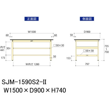中量作業台/耐荷重500kg_中間全面棚板付き_固定式H740_メラミン天板_ワークテーブル500シリーズ 山金工業
