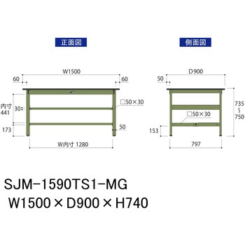 中量作業台/耐荷重500kg_中間+足元半面棚板付き_固定式H740_メラミン天板_ワークテーブル500シリーズ 山金工業