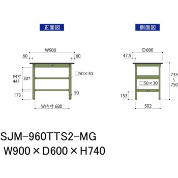 中量作業台/耐荷重500kg_中間+足元全面棚板付き_固定式H740_メラミン天板_ワークテーブル500シリーズ 山金工業