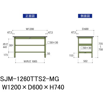 中量作業台/耐荷重500kg_中間+足元全面棚板付き_固定式H740_メラミン天板_ワークテーブル500シリーズ 山金工業