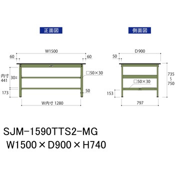 中量作業台/耐荷重500kg_中間+足元全面棚板付き_固定式H740_メラミン天板_ワークテーブル500シリーズ 山金工業