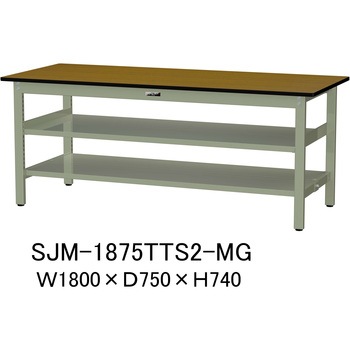 中量作業台/耐荷重500kg_中間+足元全面棚板付き_固定式H740_メラミン天板_ワークテーブル500シリーズ 山金工業
