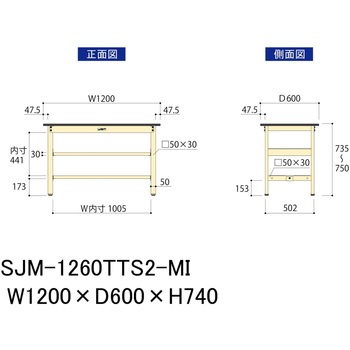 中量作業台/耐荷重500kg_中間+足元全面棚板付き_固定式H740_メラミン天板_ワークテーブル500シリーズ 山金工業