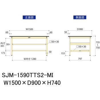 中量作業台/耐荷重500kg_中間+足元全面棚板付き_固定式H740_メラミン天板_ワークテーブル500シリーズ 山金工業