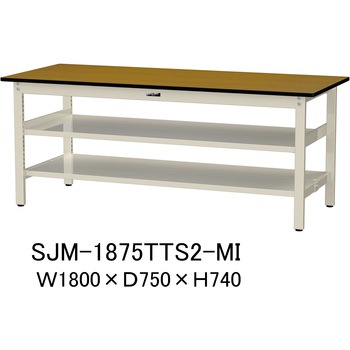 中量作業台/耐荷重500kg_中間+足元全面棚板付き_固定式H740_メラミン天板_ワークテーブル500シリーズ 山金工業