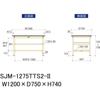 中量作業台/耐荷重500kg_中間+足元全面棚板付き_固定式H740_メラミン天板_ワークテーブル500シリーズ 山金工業