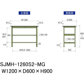 中量作業台/耐荷重500kg_中間全面棚板付き_固定式H900_メラミン天板_ワークテーブル500シリーズ 山金工業