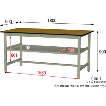 中量作業台/耐荷重500kg_中間全面棚板付き_固定式H900_メラミン天板_ワークテーブル500シリーズ 山金工業