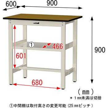 中量作業台/耐荷重500kg_中間全面棚板付き_固定式H900_メラミン天板_ワークテーブル500シリーズ 山金工業