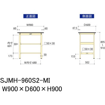 中量作業台/耐荷重500kg_中間全面棚板付き_固定式H900_メラミン天板_ワークテーブル500シリーズ 山金工業