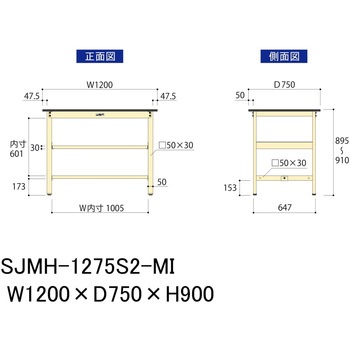 中量作業台/耐荷重500kg_中間全面棚板付き_固定式H900_メラミン天板_ワークテーブル500シリーズ 山金工業
