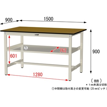 中量作業台/耐荷重500kg_中間全面棚板付き_固定式H900_メラミン天板_ワークテーブル500シリーズ 山金工業