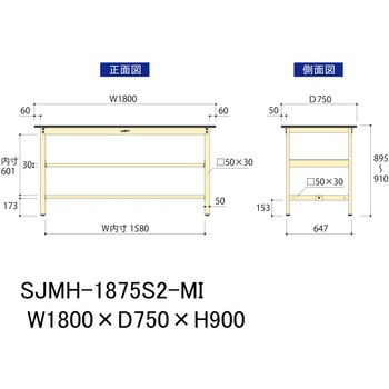 中量作業台/耐荷重500kg_中間全面棚板付き_固定式H900_メラミン天板_ワークテーブル500シリーズ 山金工業