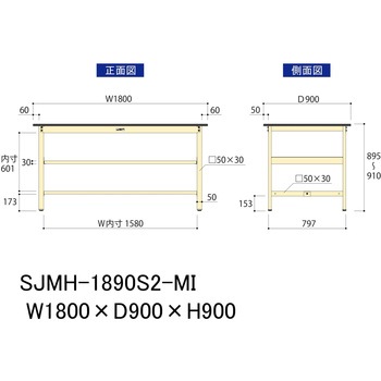 中量作業台/耐荷重500kg_中間全面棚板付き_固定式H900_メラミン天板_ワークテーブル500シリーズ 山金工業