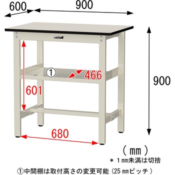 中量作業台/耐荷重500kg_中間全面棚板付き_固定式H900_メラミン天板_ワークテーブル500シリーズ 山金工業