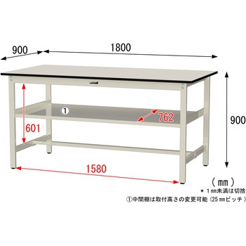 中量作業台/耐荷重500kg_中間全面棚板付き_固定式H900_メラミン天板_ワークテーブル500シリーズ 山金工業