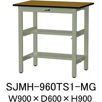 中量作業台/耐荷重500kg_中間+足元半面棚板付き_固定式H900_メラミン天板_ワークテーブル500シリーズ 山金工業