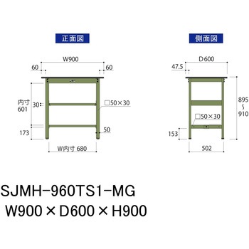 中量作業台/耐荷重500kg_中間+足元半面棚板付き_固定式H900_メラミン天板_ワークテーブル500シリーズ 山金工業