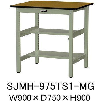 中量作業台/耐荷重500kg_中間+足元半面棚板付き_固定式H900_メラミン天板_ワークテーブル500シリーズ 山金工業