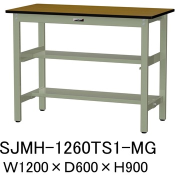 中量作業台/耐荷重500kg_中間+足元半面棚板付き_固定式H900_メラミン天板_ワークテーブル500シリーズ 山金工業