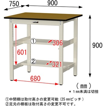 中量作業台/耐荷重500kg_中間+足元半面棚板付き_固定式H900_メラミン天板_ワークテーブル500シリーズ 山金工業