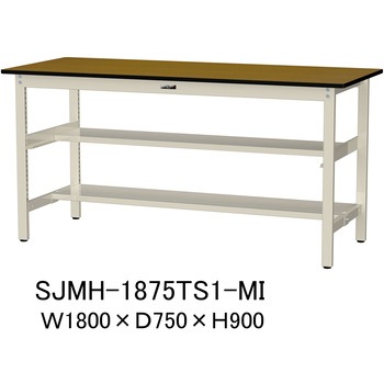 中量作業台/耐荷重500kg_中間+足元半面棚板付き_固定式H900_メラミン天板_ワークテーブル500シリーズ 山金工業