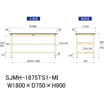 中量作業台/耐荷重500kg_中間+足元半面棚板付き_固定式H900_メラミン天板_ワークテーブル500シリーズ 山金工業