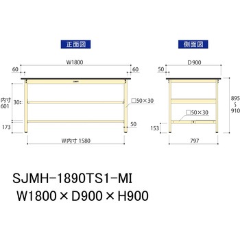 中量作業台/耐荷重500kg_中間+足元半面棚板付き_固定式H900_メラミン天板_ワークテーブル500シリーズ 山金工業
