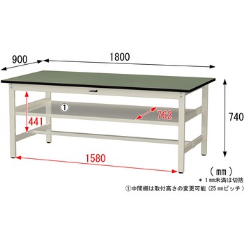 中量作業台/耐荷重500kg_中間全面棚板付き_固定式H740_塩ビシート天板_ワークテーブル500シリーズ 山金工業