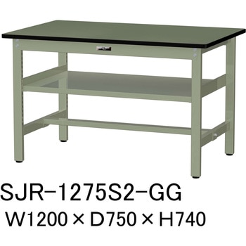 中量作業台/耐荷重500kg_中間全面棚板付き_固定式H740_塩ビシート天板_ワークテーブル500シリーズ 山金工業