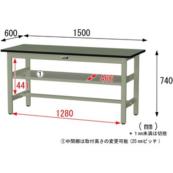 中量作業台/耐荷重500kg_中間全面棚板付き_固定式H740_塩ビシート天板_ワークテーブル500シリーズ 山金工業