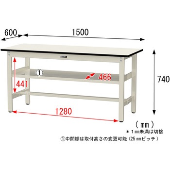 中量作業台/耐荷重500kg_中間全面棚板付き_固定式H740_塩ビシート天板_ワークテーブル500シリーズ 山金工業