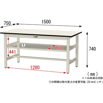 中量作業台/耐荷重500kg_中間全面棚板付き_固定式H740_塩ビシート天板_ワークテーブル500シリーズ 山金工業