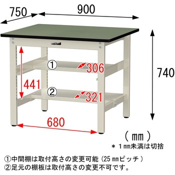 中量作業台/耐荷重500kg_中間+足元半面棚板付き_固定式H740_塩ビシート天板_ワークテーブル500シリーズ 山金工業