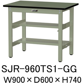 中量作業台/耐荷重500kg_中間+足元半面棚板付き_固定式H740_塩ビシート天板_ワークテーブル500シリーズ 山金工業