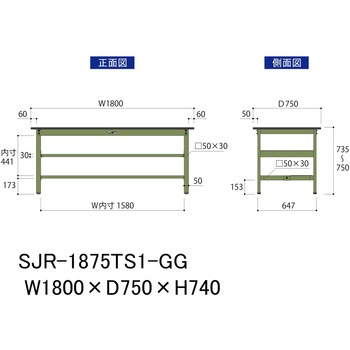中量作業台/耐荷重500kg_中間+足元半面棚板付き_固定式H740_塩ビシート天板_ワークテーブル500シリーズ 山金工業