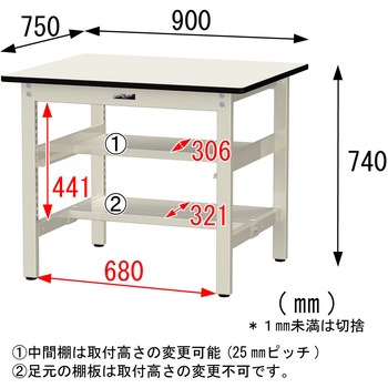 中量作業台/耐荷重500kg_中間+足元半面棚板付き_固定式H740_塩ビシート天板_ワークテーブル500シリーズ 山金工業