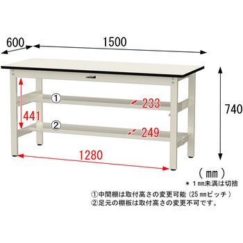 中量作業台/耐荷重500kg_中間+足元半面棚板付き_固定式H740_塩ビシート天板_ワークテーブル500シリーズ 山金工業