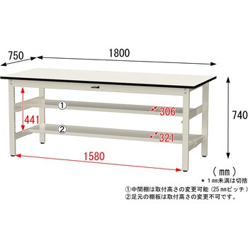 中量作業台/耐荷重500kg_中間+足元半面棚板付き_固定式H740_塩ビシート天板_ワークテーブル500シリーズ 山金工業