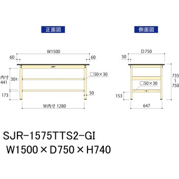 中量作業台/耐荷重500kg_中間+足元全面棚板付き_固定式H740_塩ビシート天板_ワークテーブル500シリーズ 山金工業