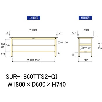 中量作業台/耐荷重500kg_中間+足元全面棚板付き_固定式H740_塩ビシート天板_ワークテーブル500シリーズ 山金工業